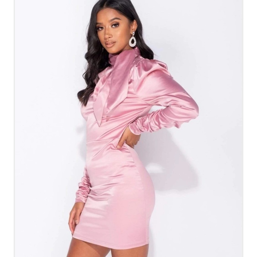PINK SATIN BOW LONG SLEEVE DRESS